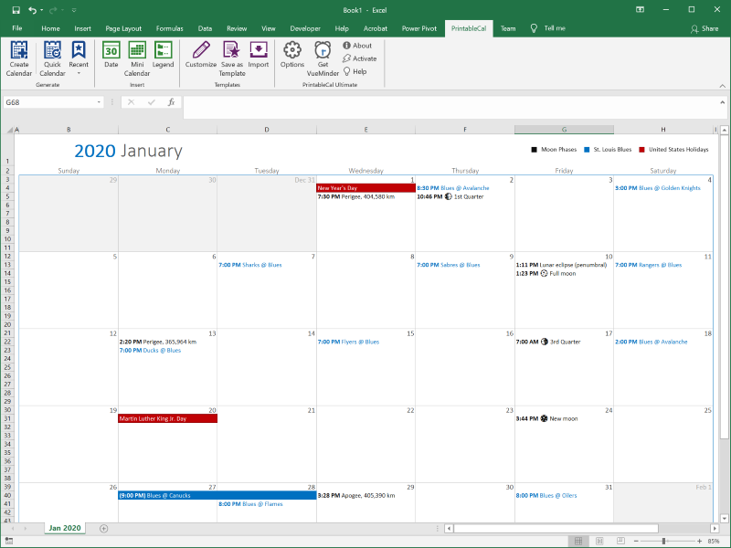 Create printable calendars in Excel and Word