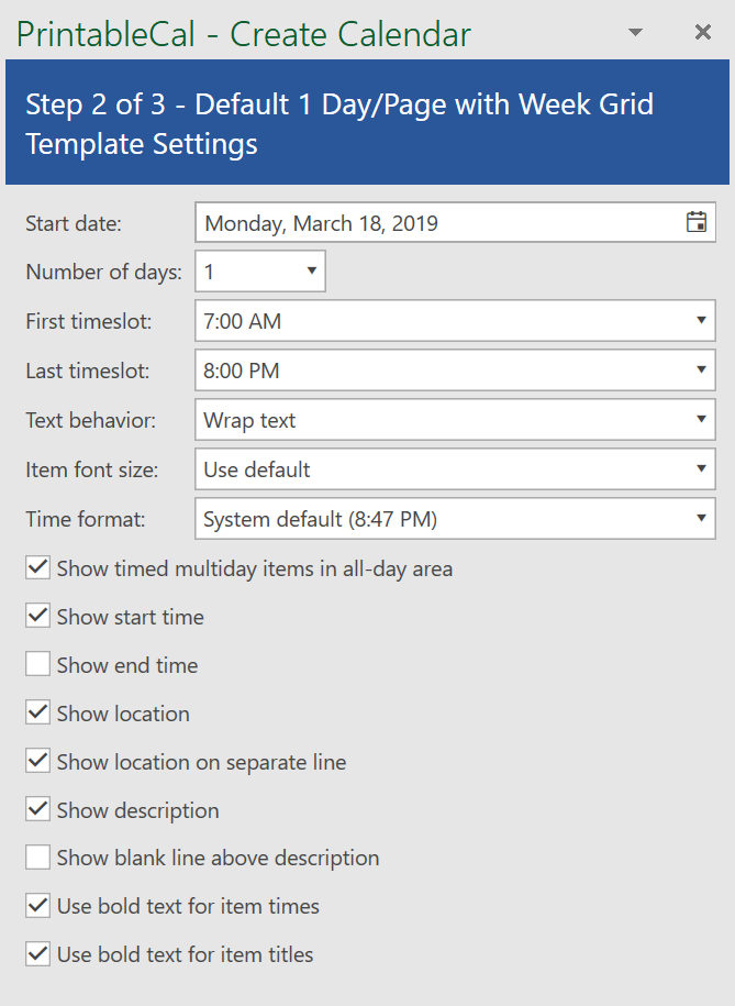 PrintableCal | 1 Day/Page with Week Grid Template
